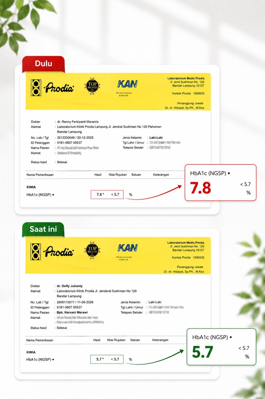 Hasil Lab HbA1c Pak Harsani Sebelum dan Sesudah Konsumsi Diaberis